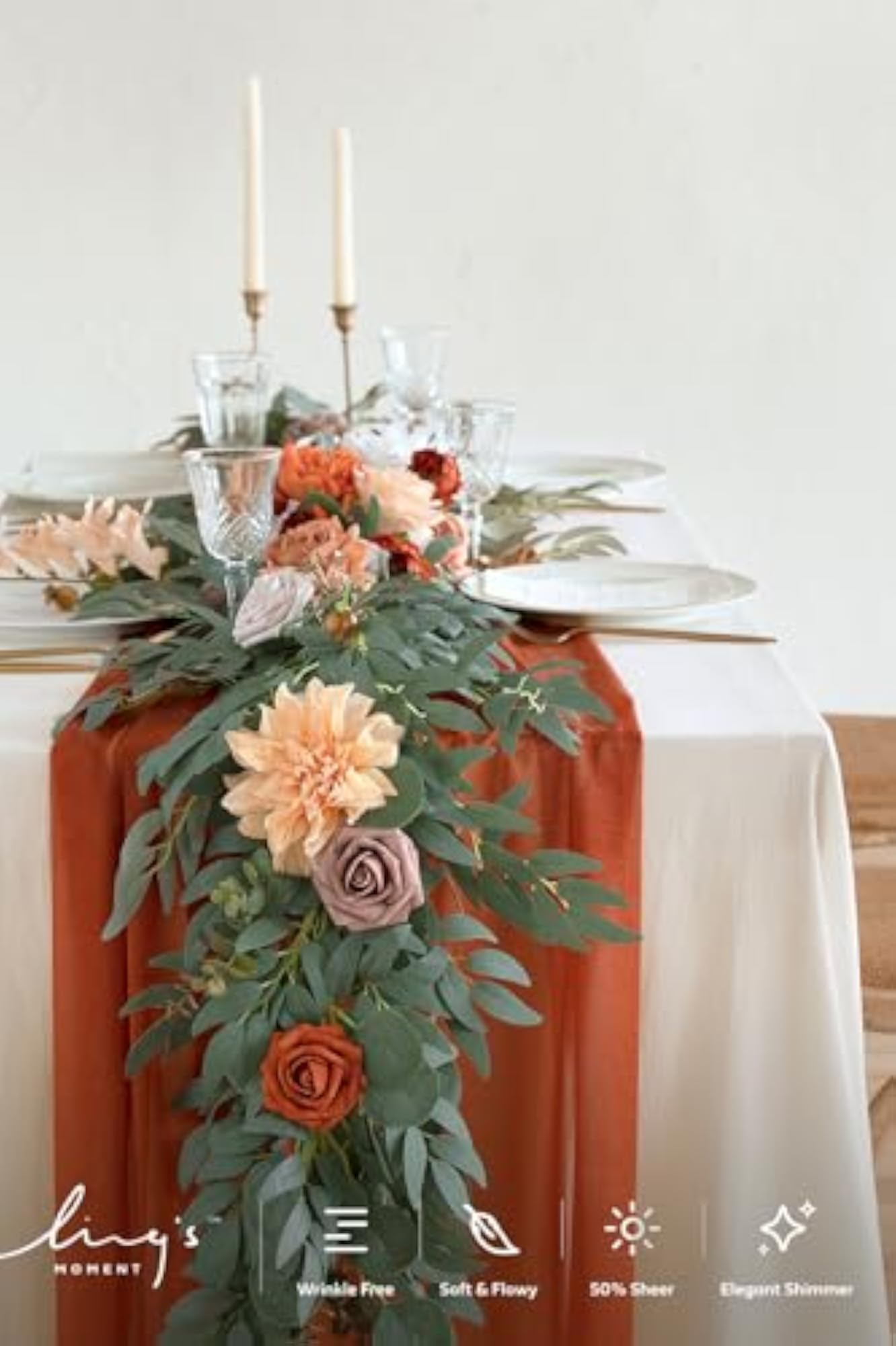 10Ft Burnt Orange Sheer Chiffon Table Runner, Elegant Wedding Decor